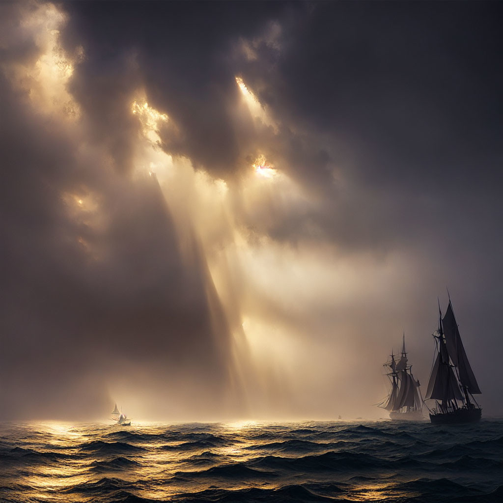 Sailing ships on tumultuous sea under dramatic sky