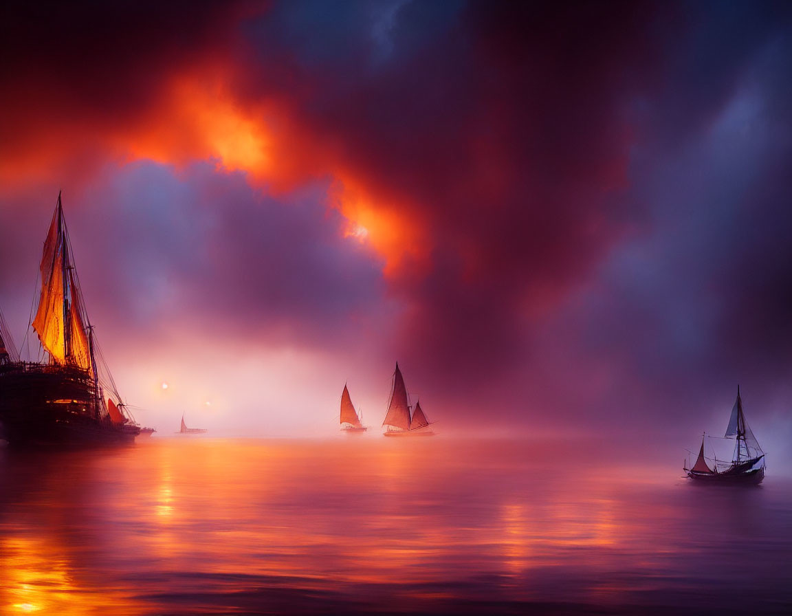 Sailboats on misty crimson sea under dramatic fiery sky