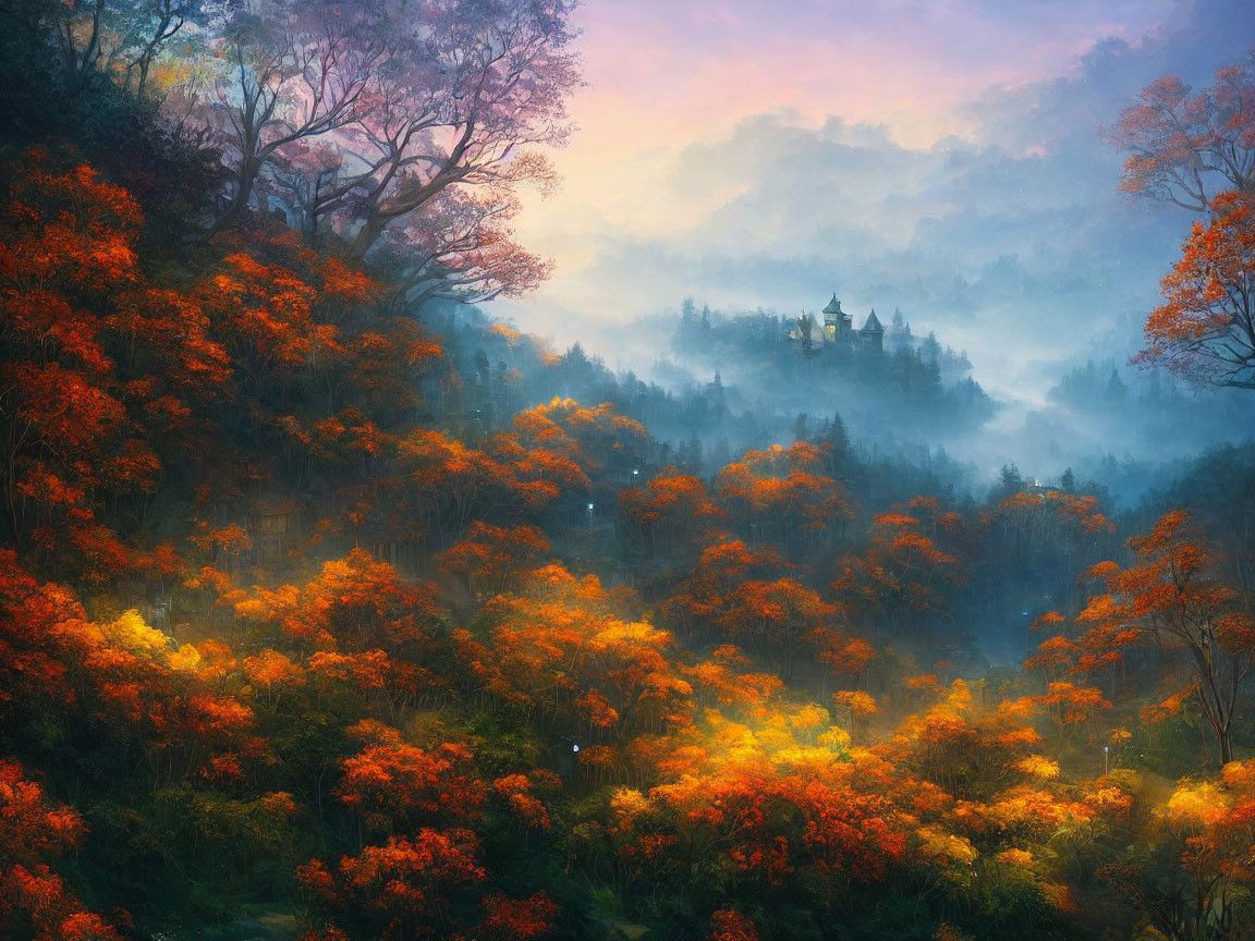 Vibrant autumn forest with mist and distant castle