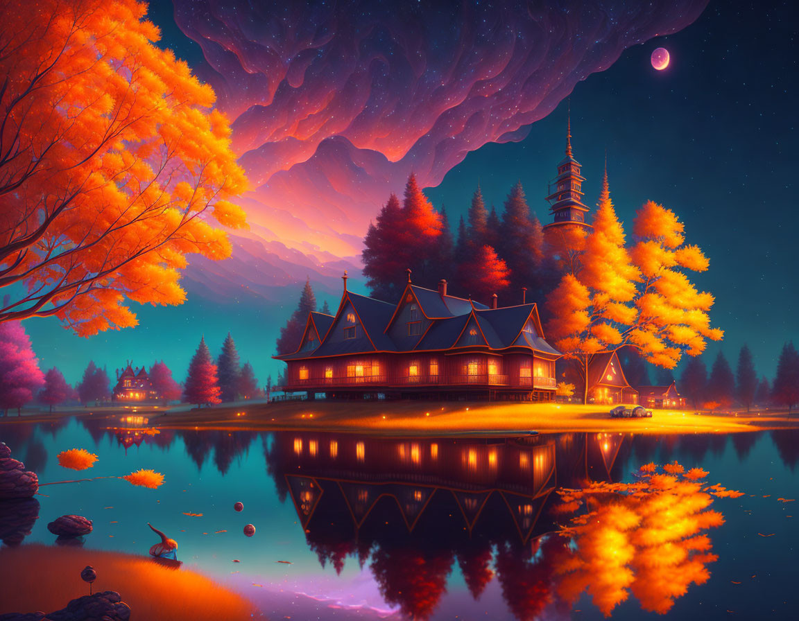 Tranquil lakeside dusk scene with illuminated house and autumn trees reflected in water.