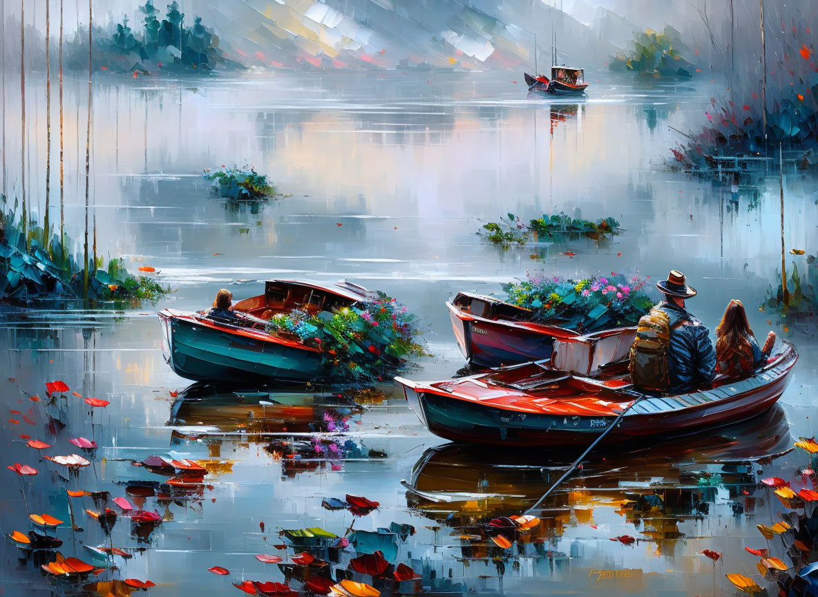 Tranquil autumn lake scene with rowboats and colorful foliage