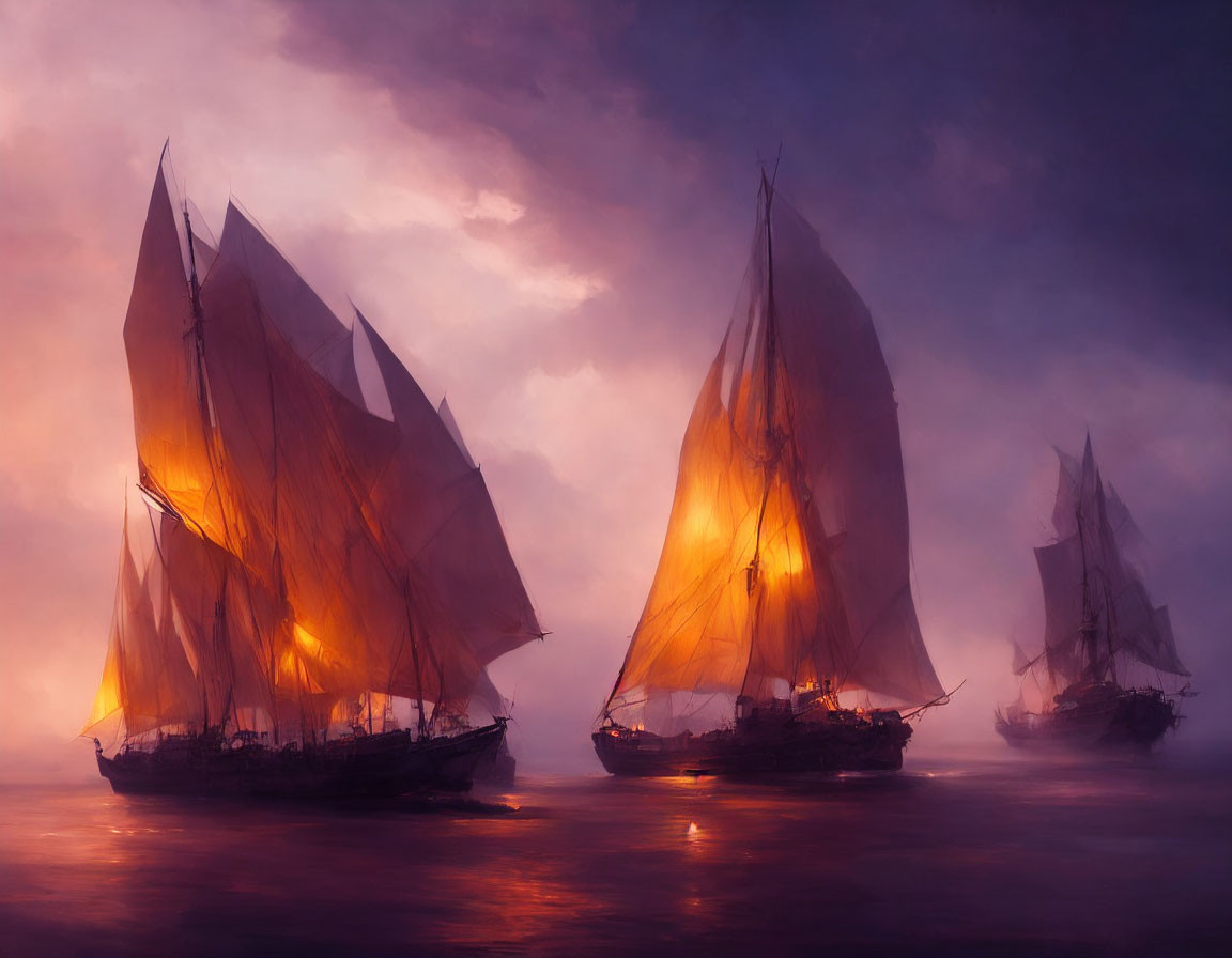 Three tall ships with illuminated sails in misty, purple waters at dusk or dawn.