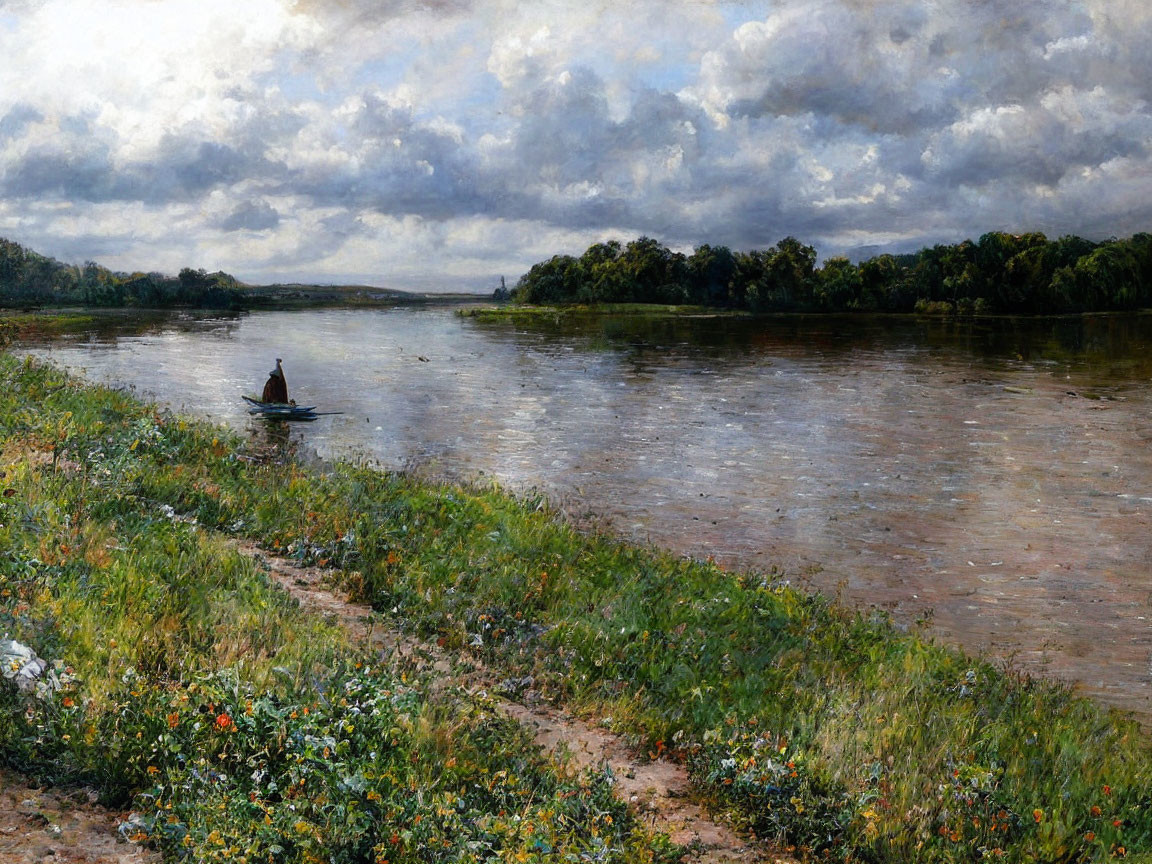 Tranquil landscape with figure in boat on wide river