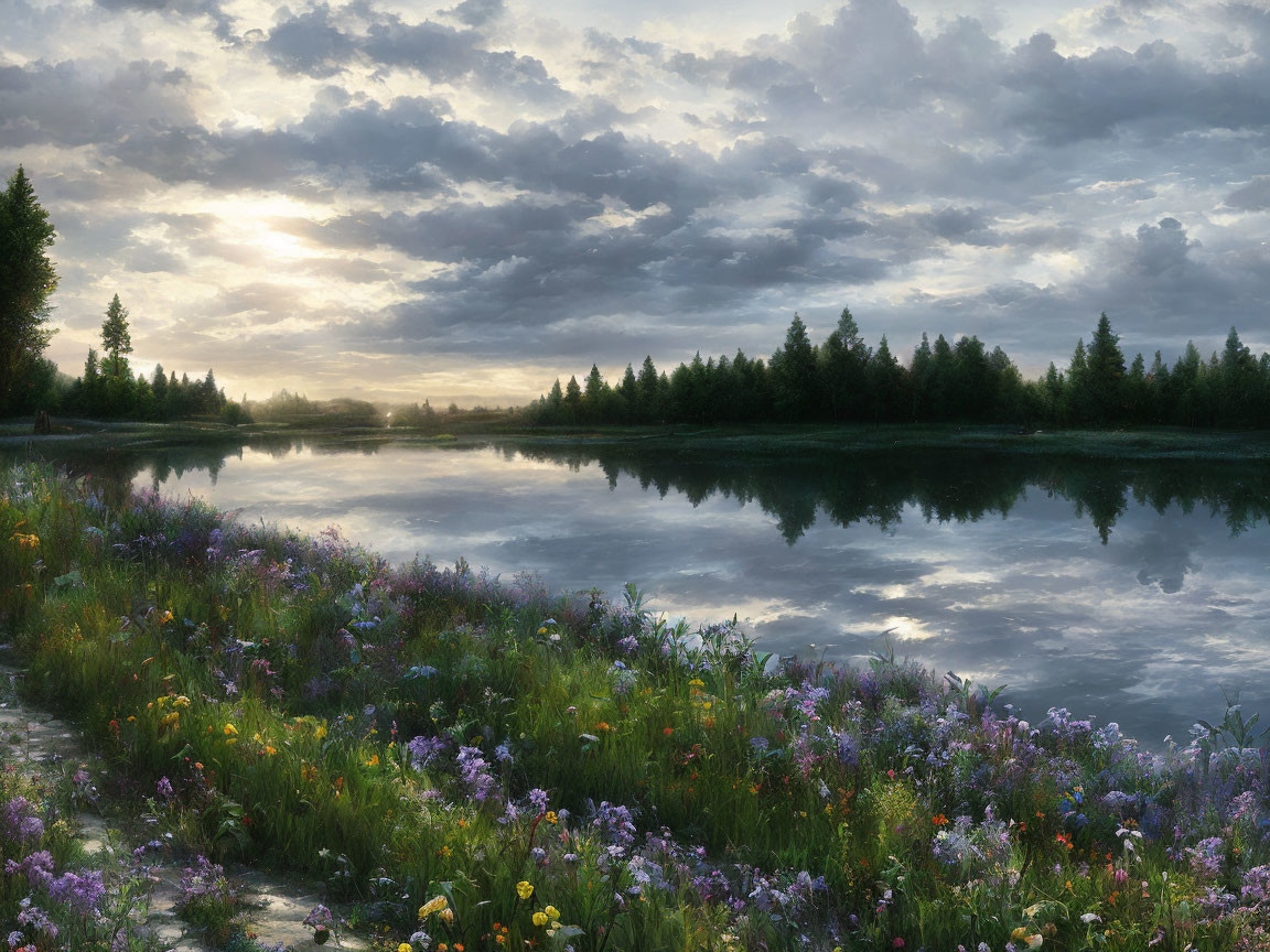 Serene sunrise scene of a lake with reflections, trees, clouds, and wildflowers