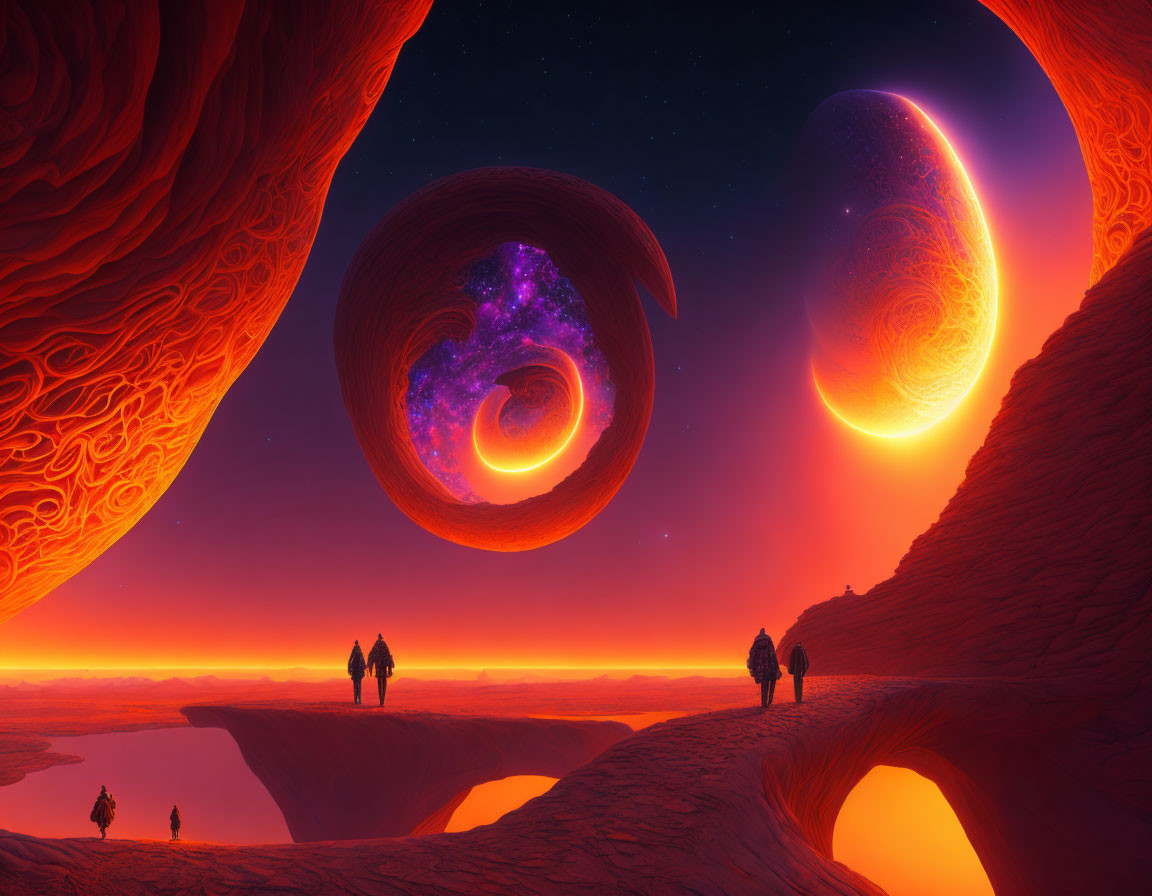 Surreal Landscape with Figures on Reddish Rock Formation and Alien Celestial Bodies