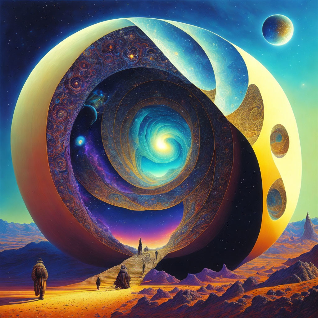 Surreal cosmic landscape with spiral galaxy portal, moon phases, desert terrain, and silhouet