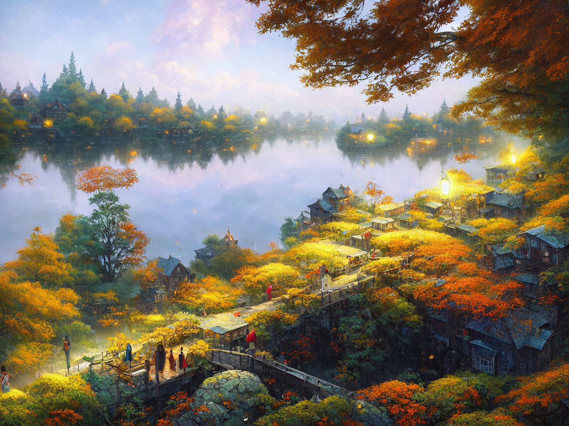 Tranquil autumn village by lake with glowing lights & vibrant fall trees