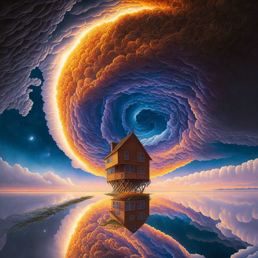 Surreal image of lone house on stilts in reflective water with dramatic spiral clouds.