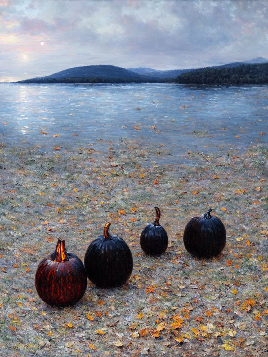 Dark Stylized Pumpkins on Leaf-Strewn Ground by Tranquil Lake