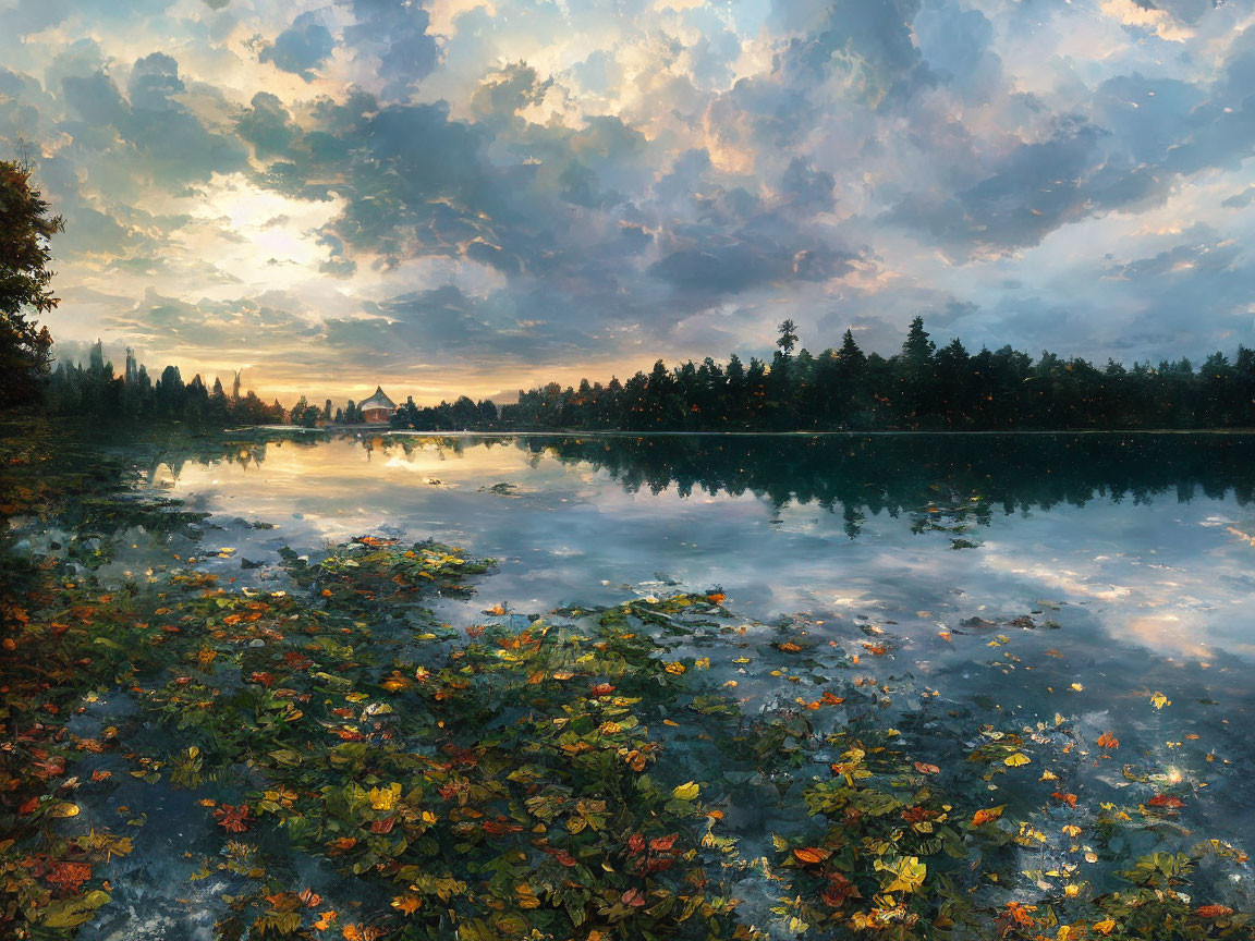 Autumn leaves floating on serene lake under dramatic cloudy sky.