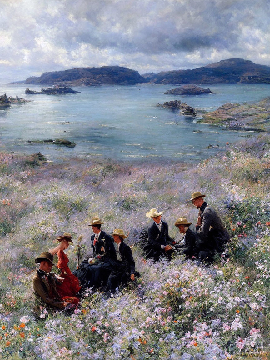 Victorian-era people in elegant attire amid wildflowers by coastal rocks.