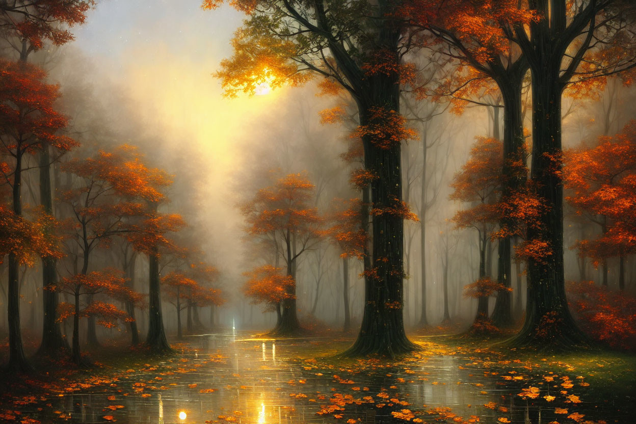 Tranquil autumn forest with mist, tall trees, fallen golden leaves