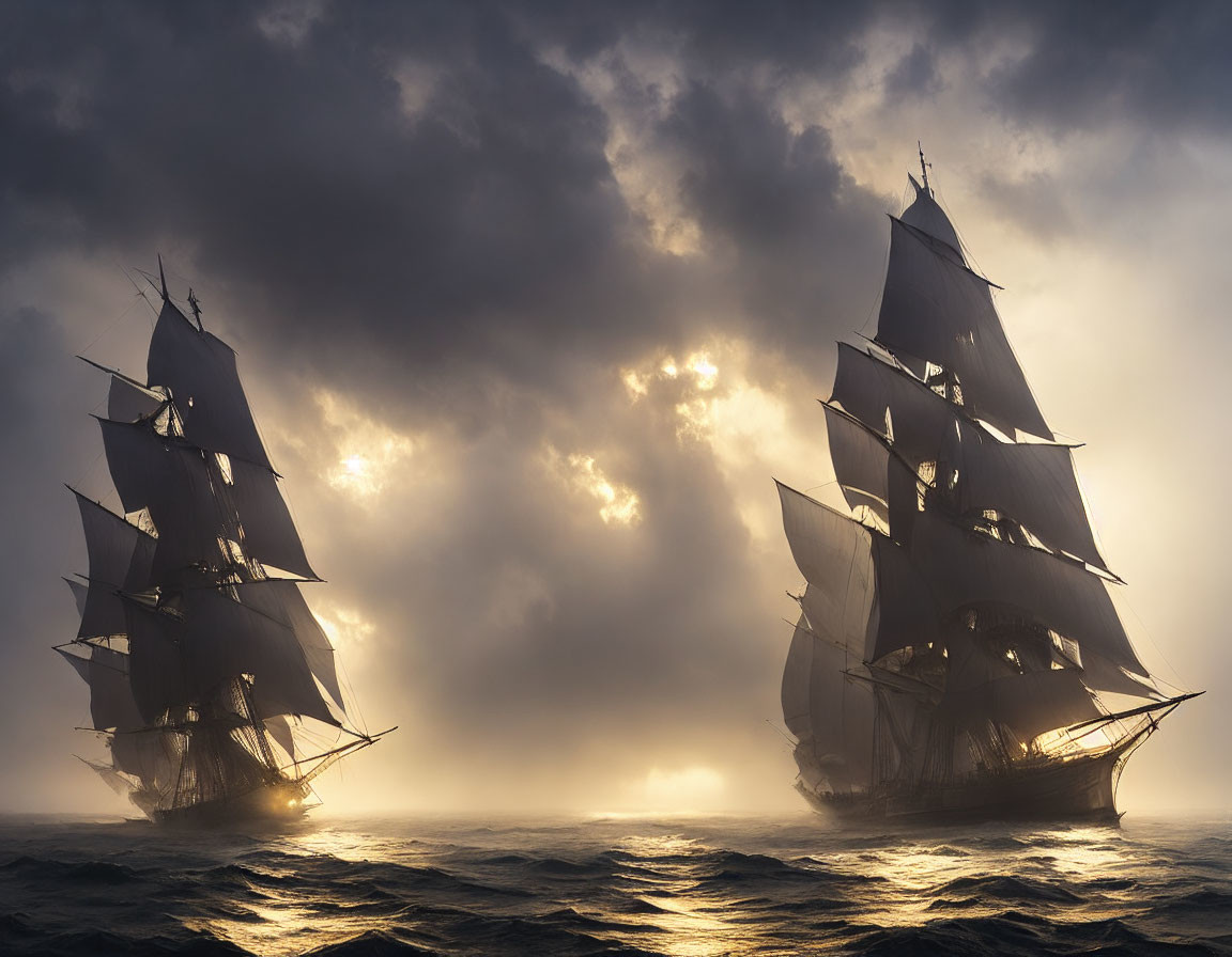 Tall ships with unfurled sails on rough seas under dramatic sky