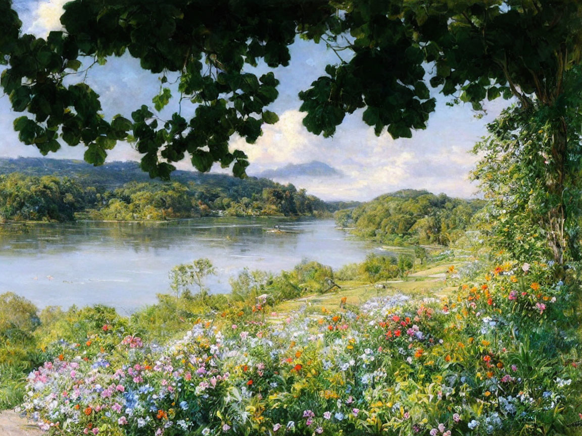 Tranquil landscape painting with lush foreground, serene river, distant mountains, and cloudy sky