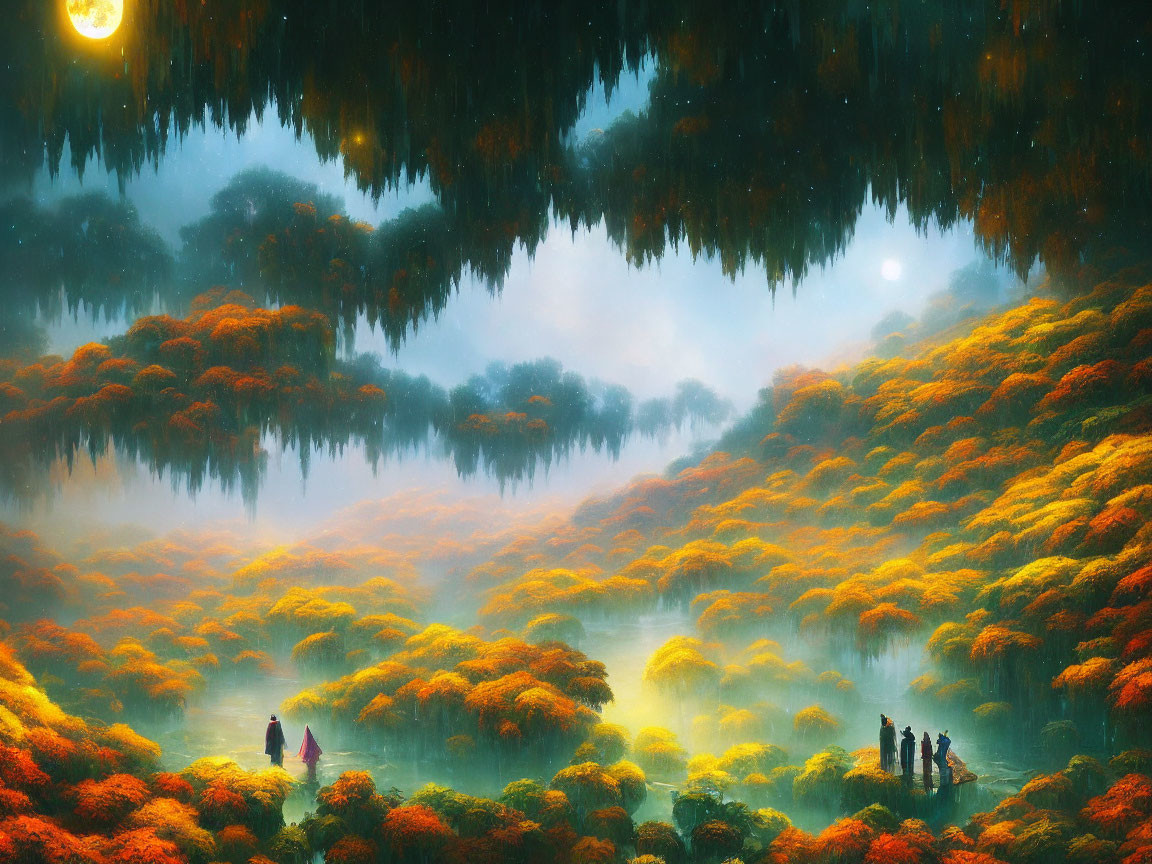 Fantastical landscape with glowing orange trees and moonlit sky