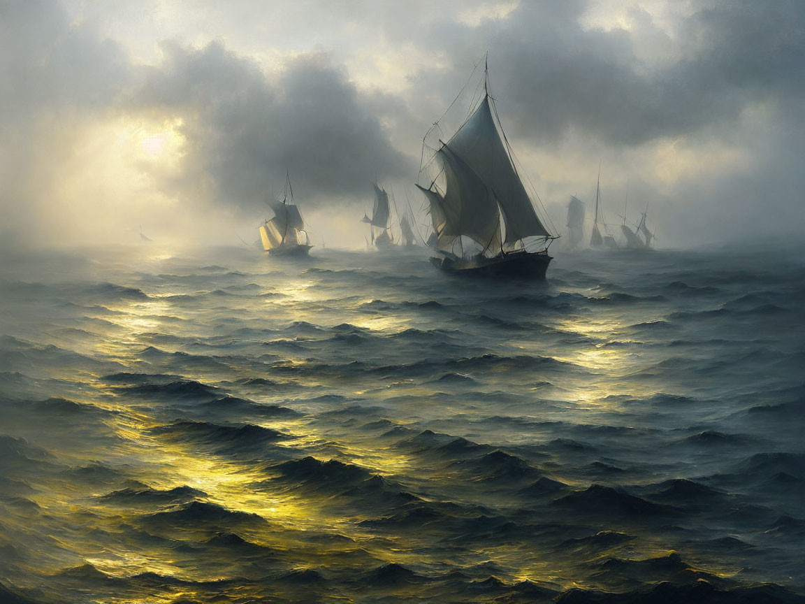 Tall Ships Sailing in Misty Sea at Sunrise