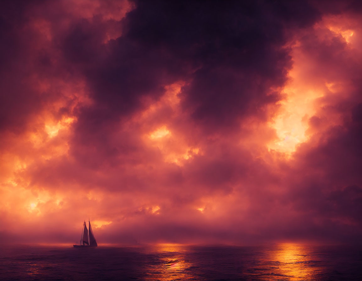 Sailboat on mystical sea at sunset with purple and orange sky