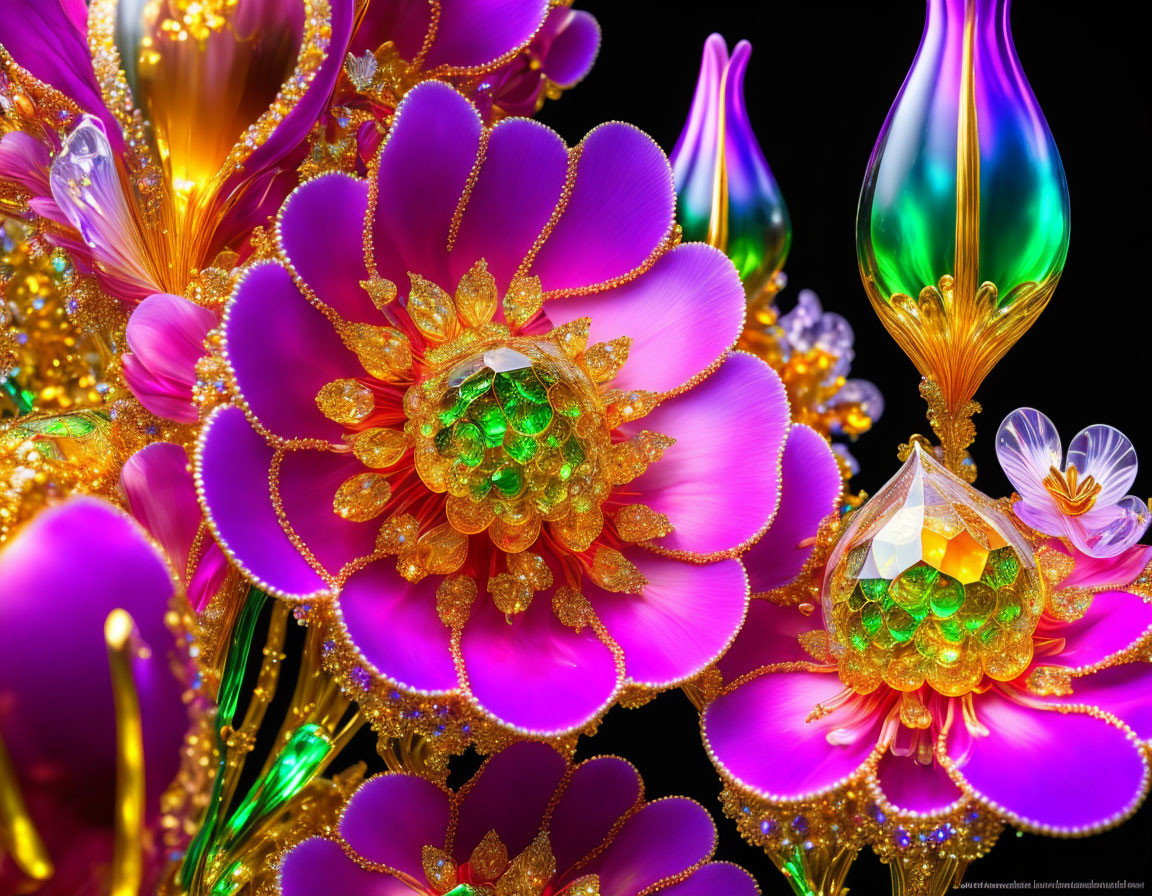 Colorful floral artwork with jewel-like details on dark background