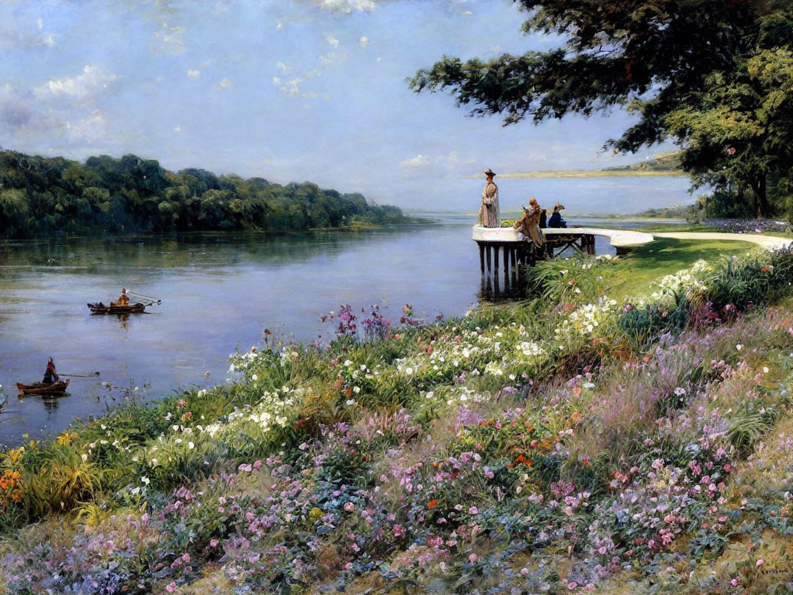 Tranquil riverscape with dock, kayakers, wildflowers, and clear sky