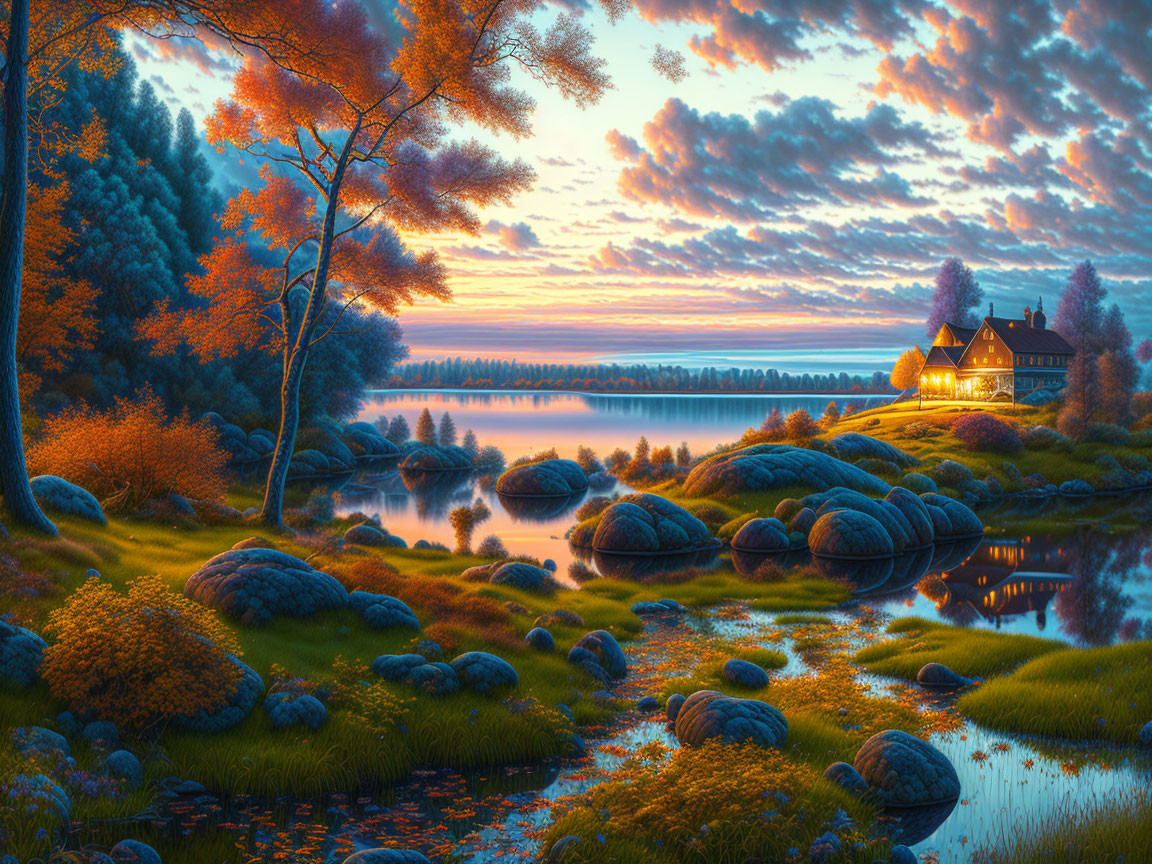 Tranquil lakeside sunset scene with cozy house, lush trees, moss-covered stones