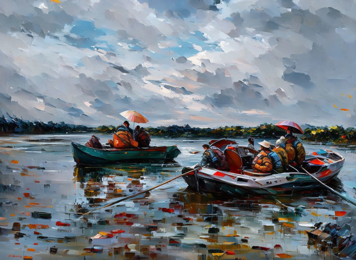 Colorful oil painting of two boats carrying cargo under cloudy sky, reflecting in water