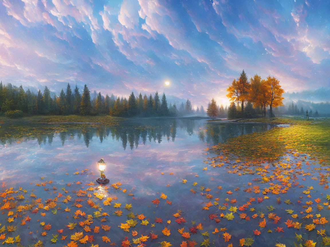 Tranquil lake with autumn trees, mist, lantern, twilight sky