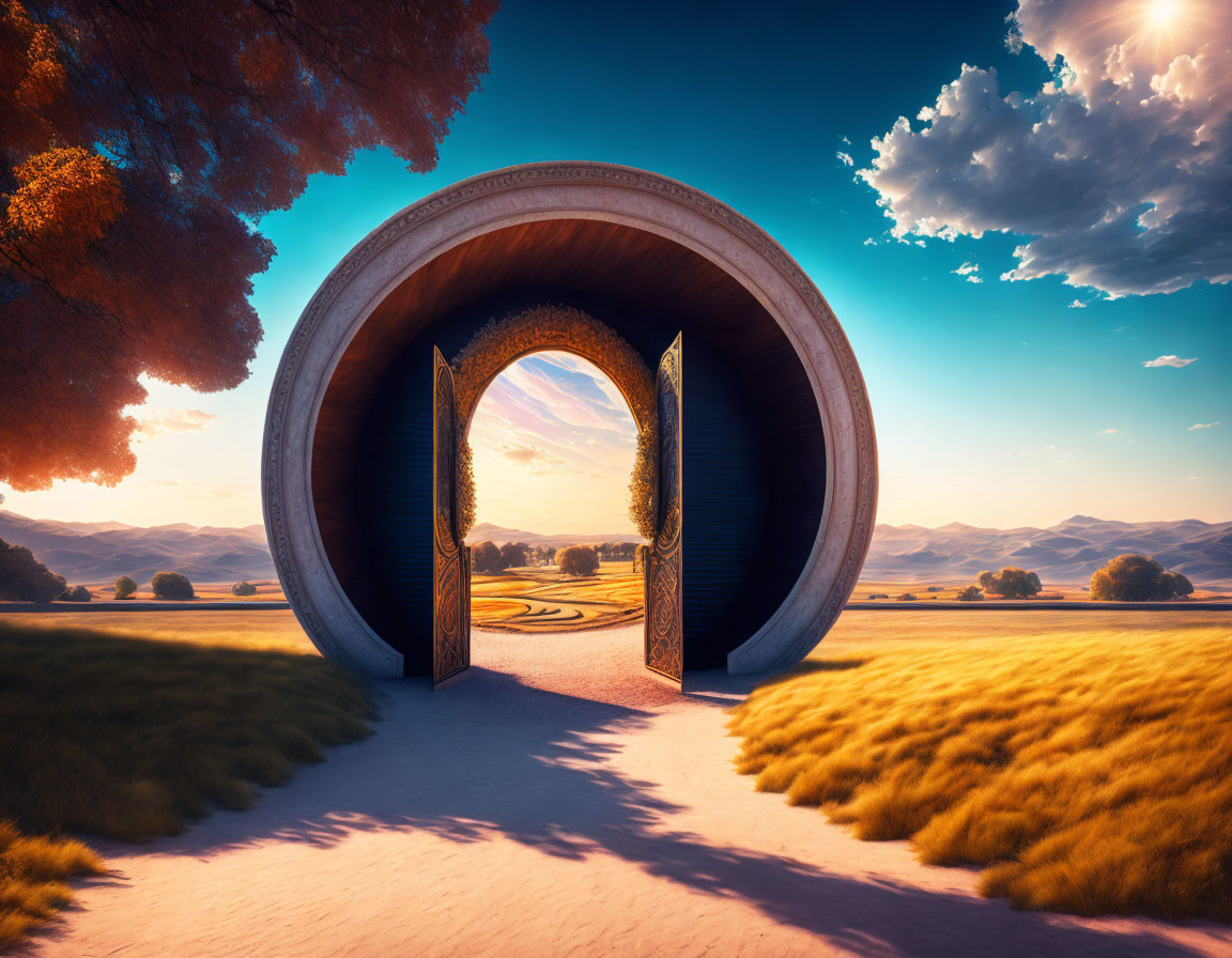 Surreal landscape with circular gate, rolling hills, vibrant trees