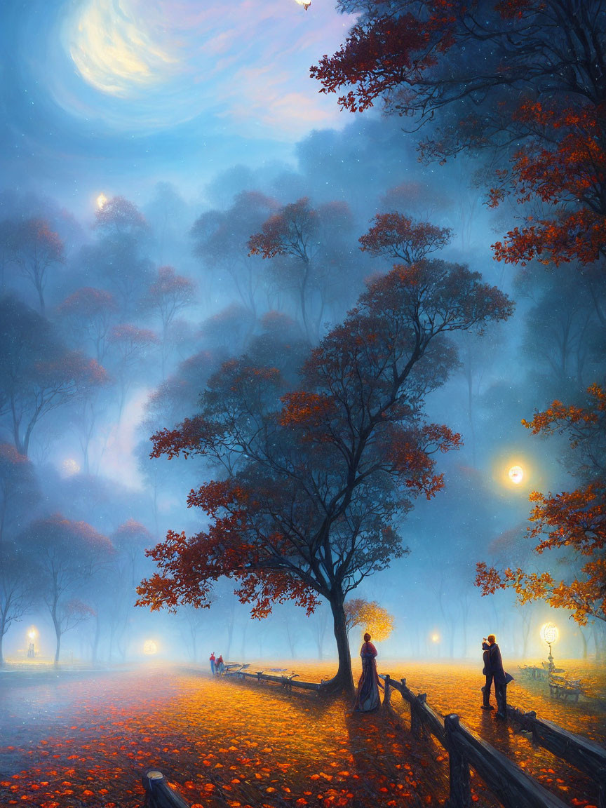 Misty autumn pathway with people, orange leaves, street lamps