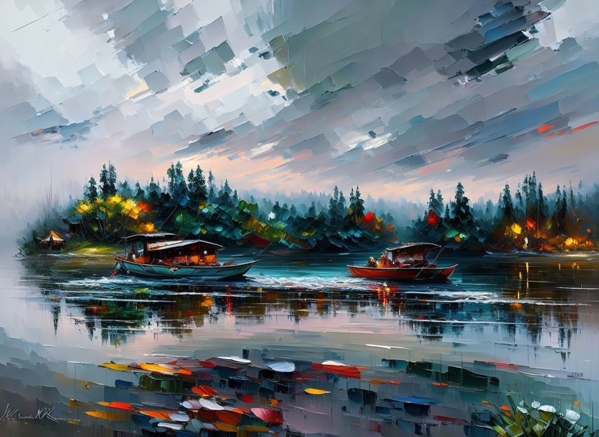 Colorful digital painting of boats on serene lake with forest and dynamic sky