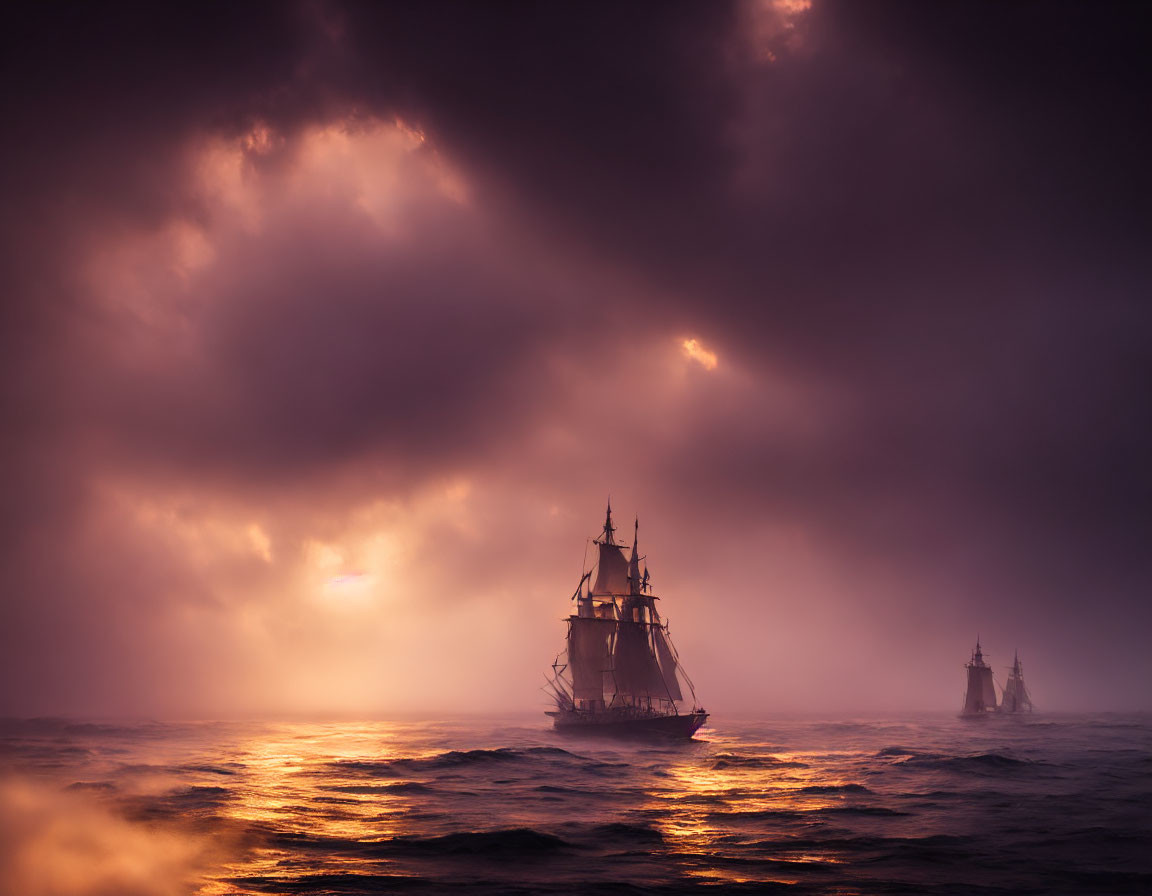 Tall ships on tumultuous sea under dramatic purple and orange sky