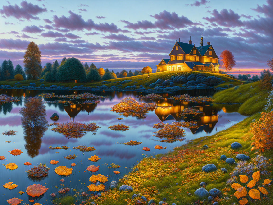 Tranquil autumn twilight scene with lit house by pond