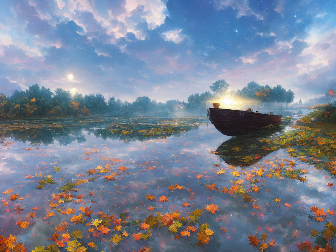 Tranquil lake scene at sunrise with autumn leaves and a boat