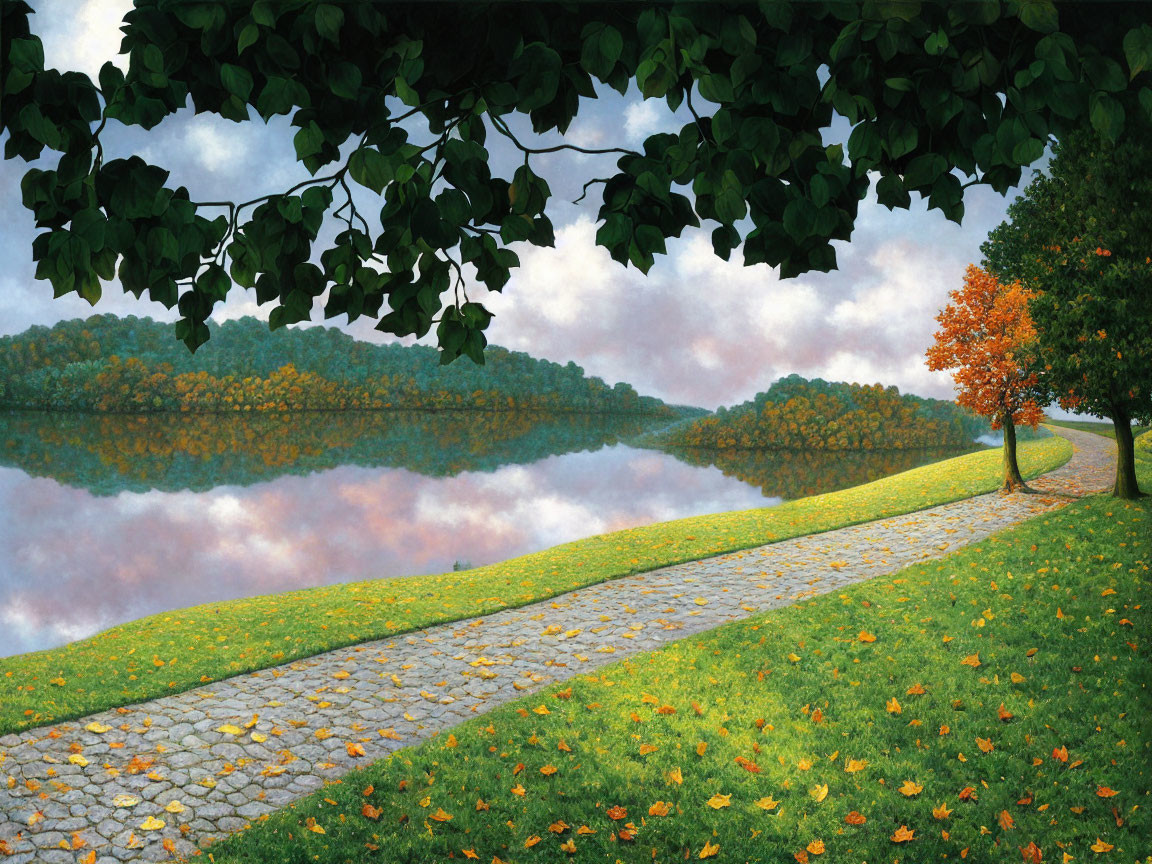 Serene lakeside painting with fall trees and misty background