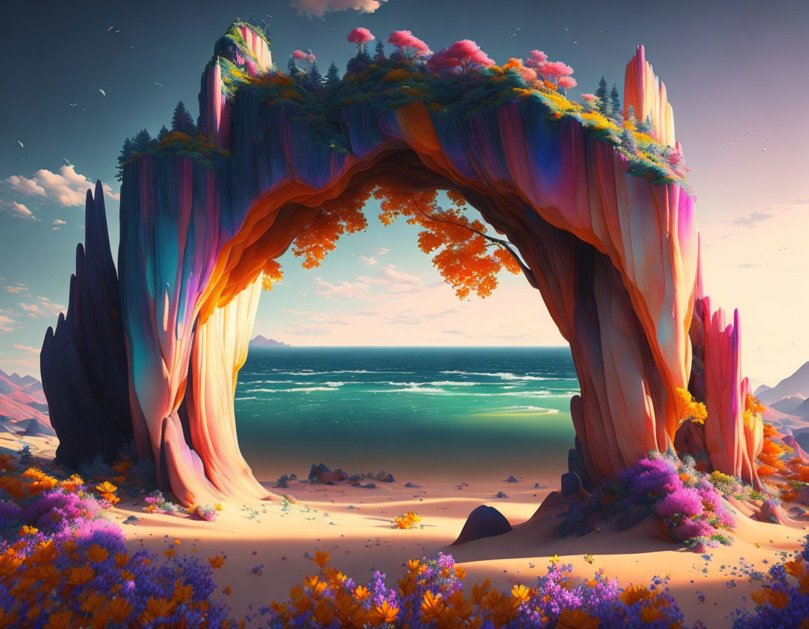 Colorful natural archway amidst vibrant landscape and serene ocean backdrop