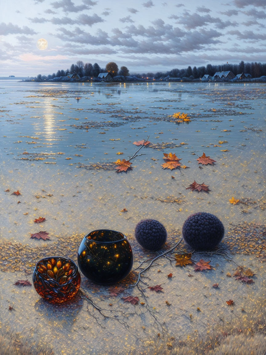 Ornamental Glass Spheres on Lakeside with Fall Leaves at Twilight