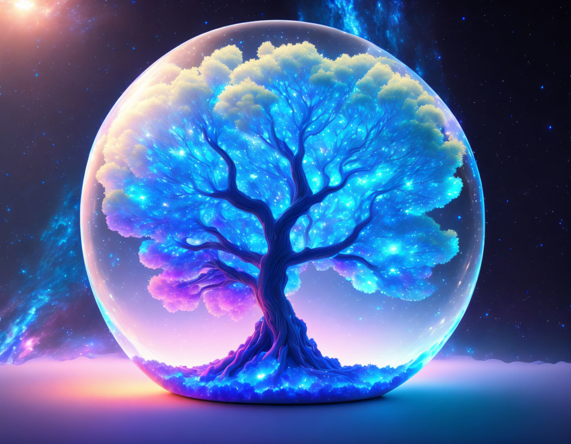 Blue Foliage Tree in Translucent Sphere Amid Cosmic Stars