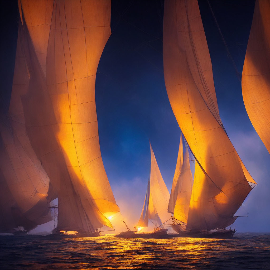 Illuminated sailing ships on misty golden sea at dusk