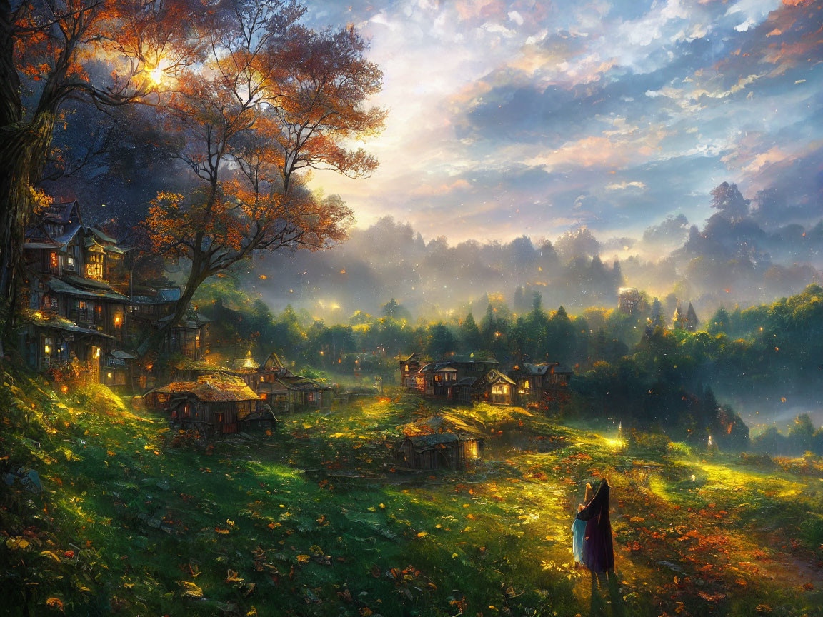 Tranquil village scene at sunset with warm lights, autumn trees, and a person walking.