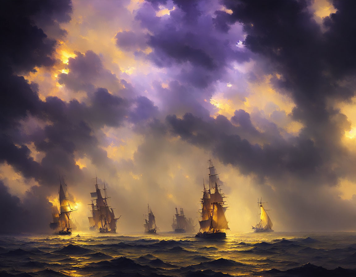 Sailing tall ships under stormy sunset sky