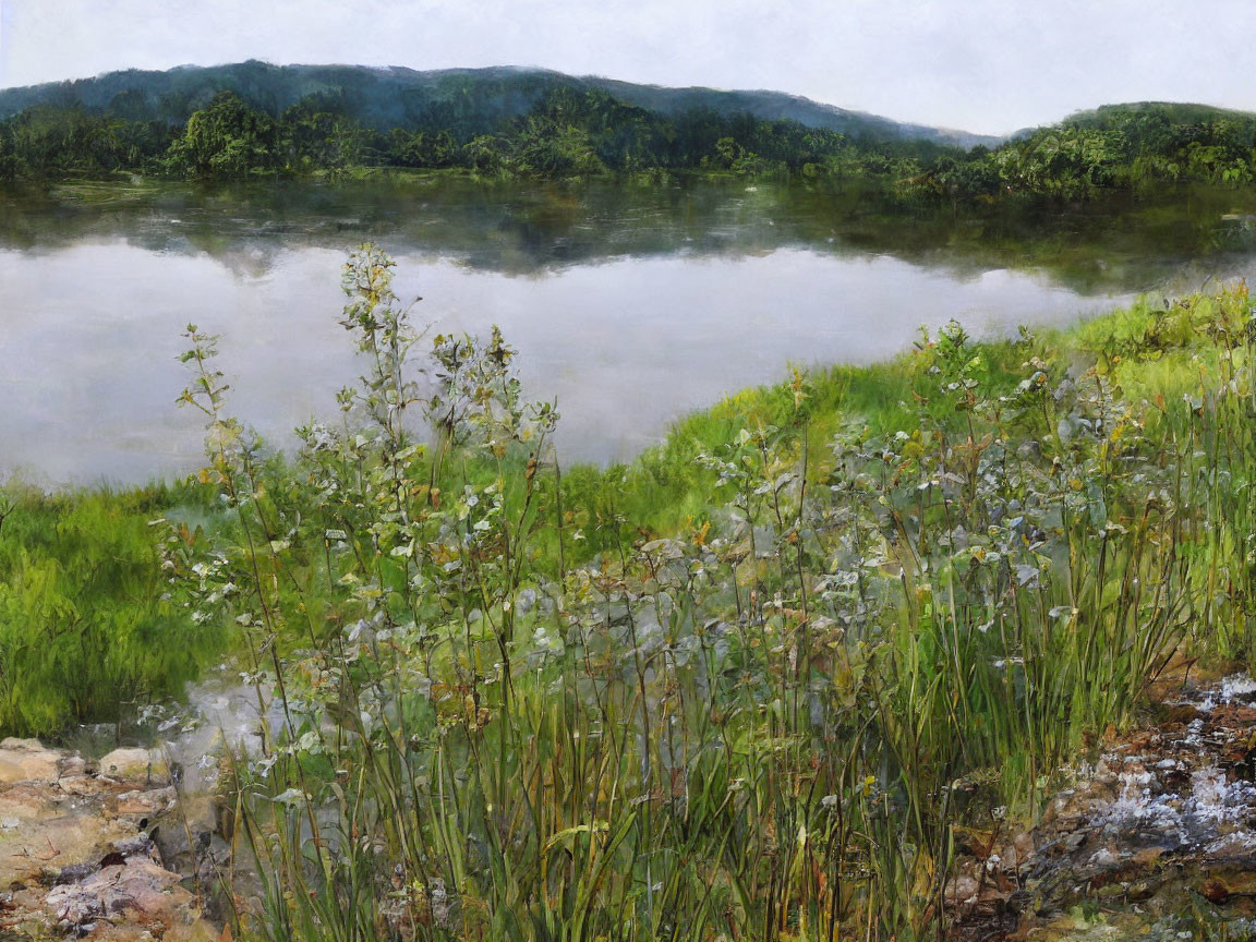 Tranquil lake with lush greenery and reeds under hazy sky