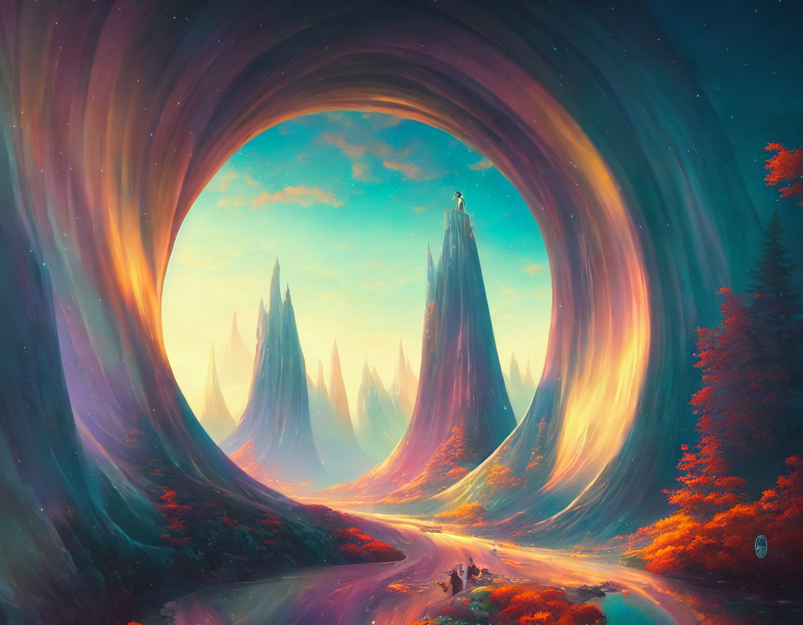 Fantastical landscape with swirling sky, towering spires, and person overlooking vibrant forest