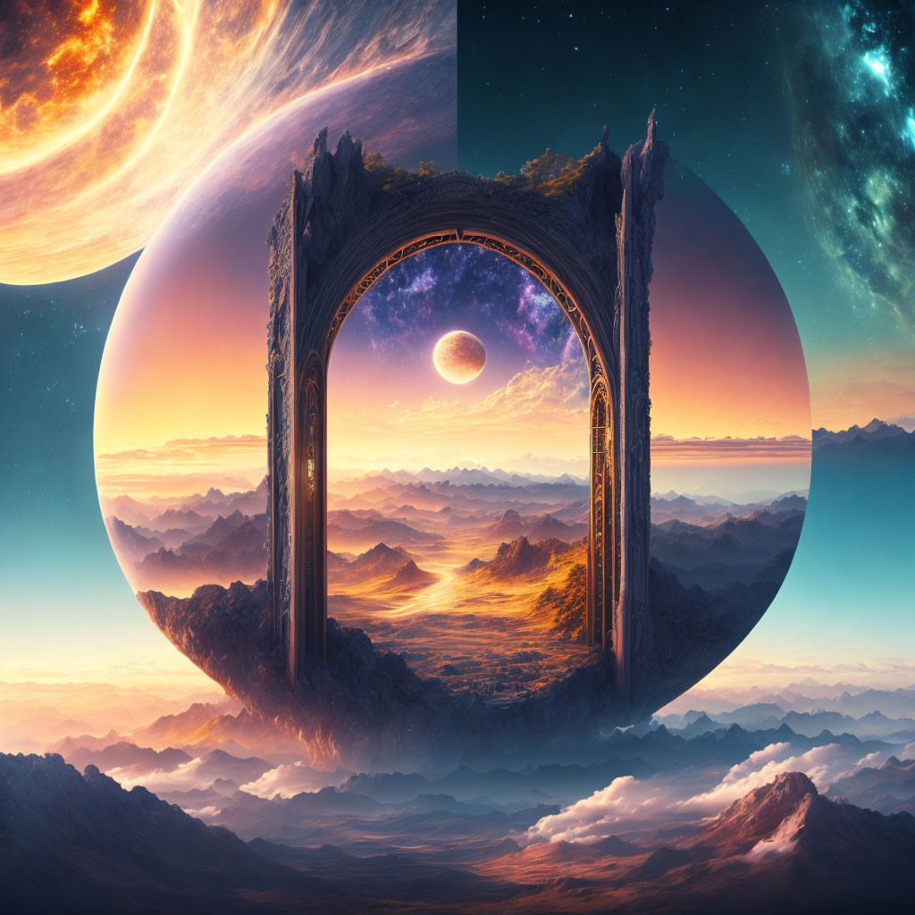 Surreal cosmic landscape with ornate gate and starry sky view