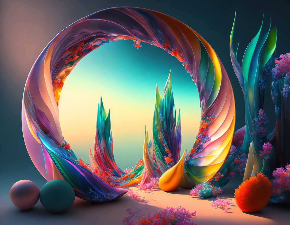 Colorful Abstract Art: Swirling Portal Amid Vibrant Plants