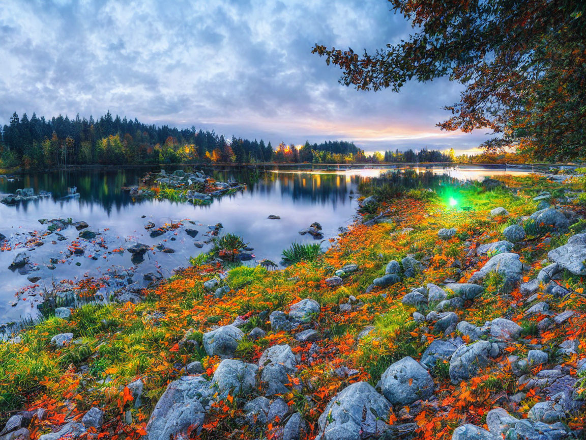 Tranquil Lake Scene with Autumn Foliage and Sunset Reflections