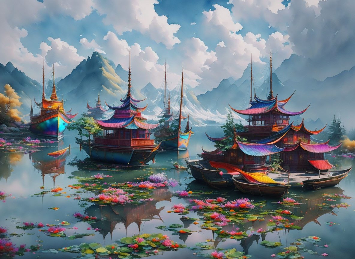 Traditional boats among pink water lilies on calm lake with misty mountains.