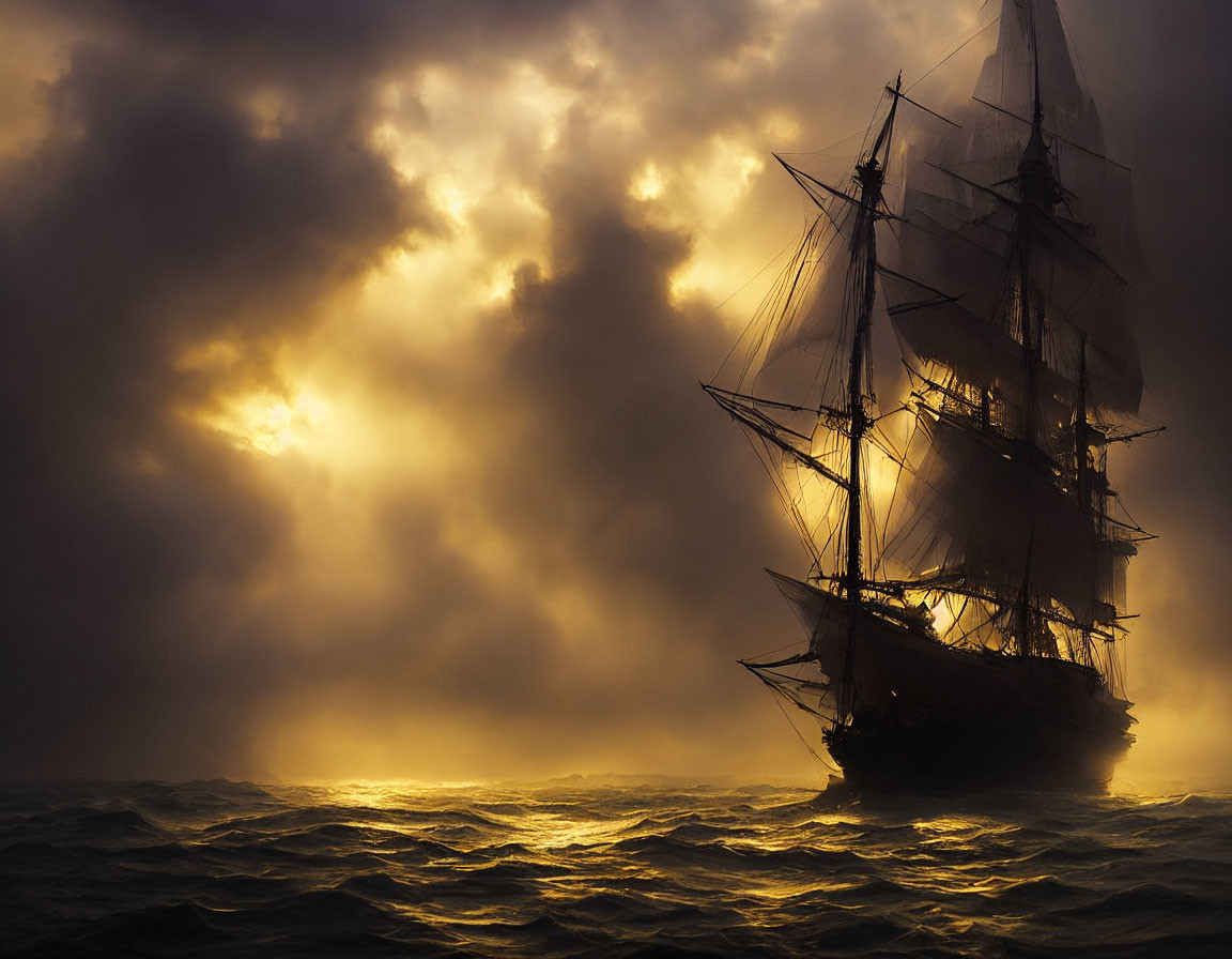 Majestic sailing ship in misty waters under dramatic sky