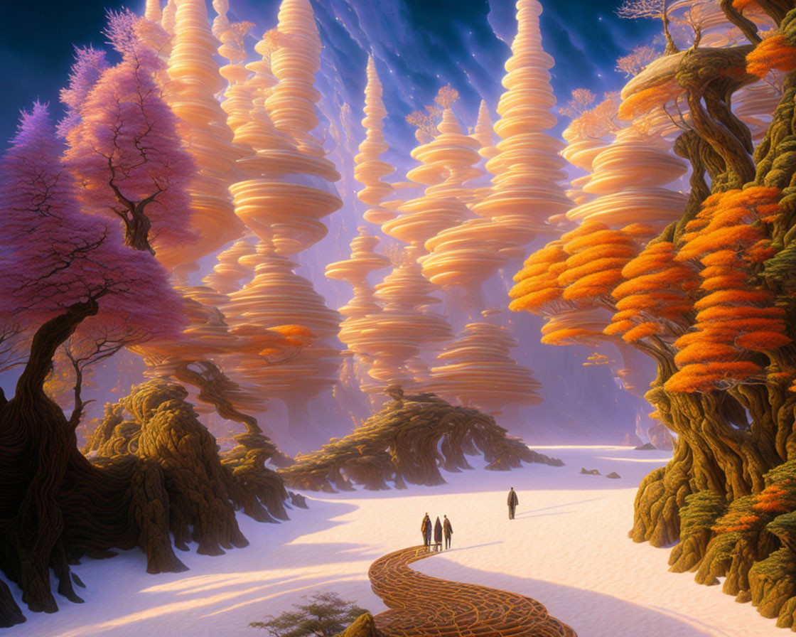 Vibrant alien landscape with spiral rock formations and snow-covered path