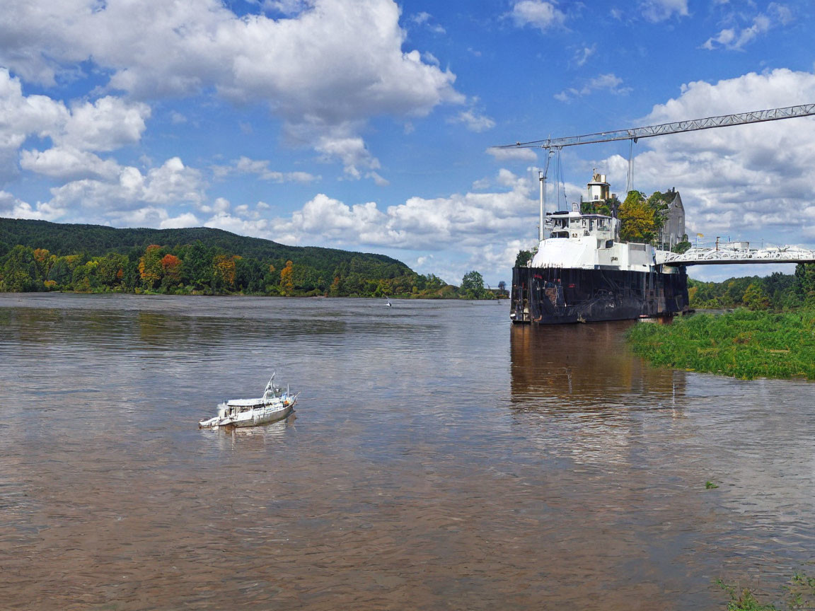 River scene: small boat, large ship, crane, hills, cloudy sky