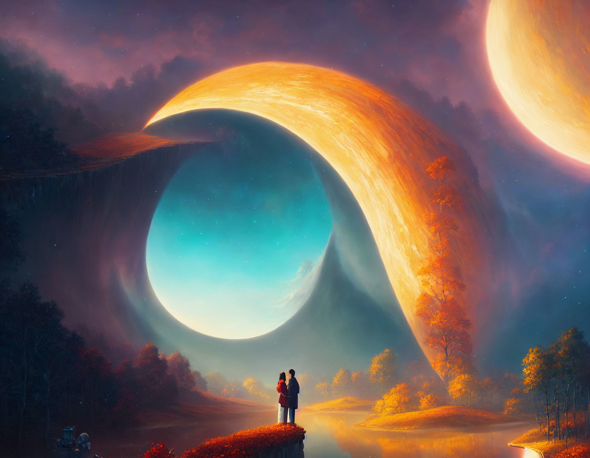 Two individuals by a lake observe surreal planetary bodies in a dreamy twilight scene