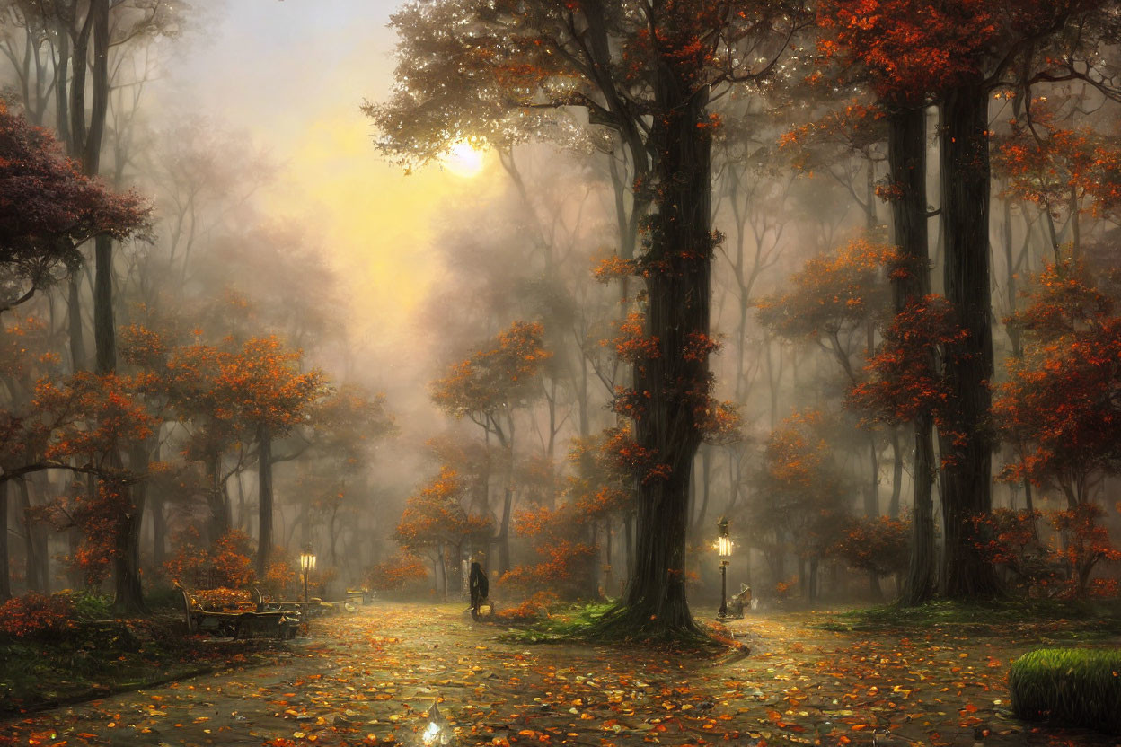 Golden sunlight filtering through tranquil forest scene with fallen leaves and lone figure.